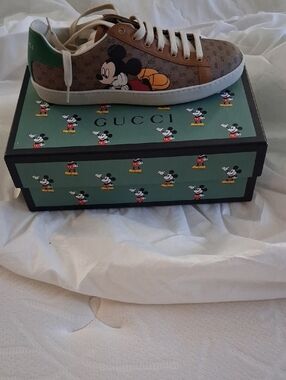 Gucci Brown Monogram Kids Sneaker with Green Heel and Mickey Graphic